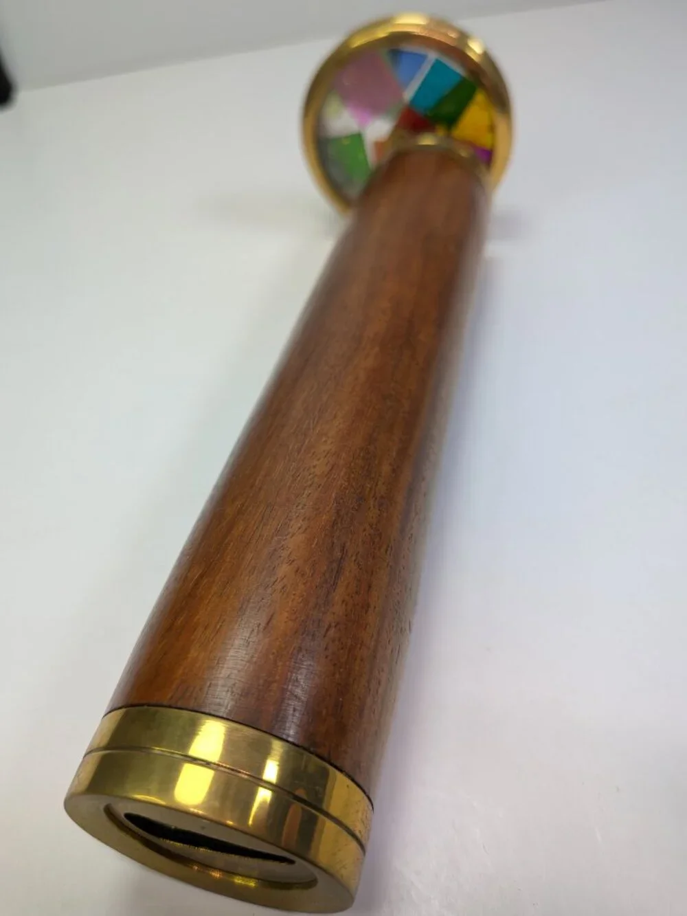 Vintage Pier 1 Imports Double Wheel Wooden Kaleidoscope Brass & Wood Teak Style